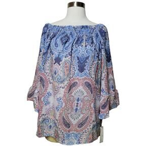 Zac & Rachel Women's Blue Paisley Blouse Top 3/4 Bell Sleeve Off Shoulder Medium